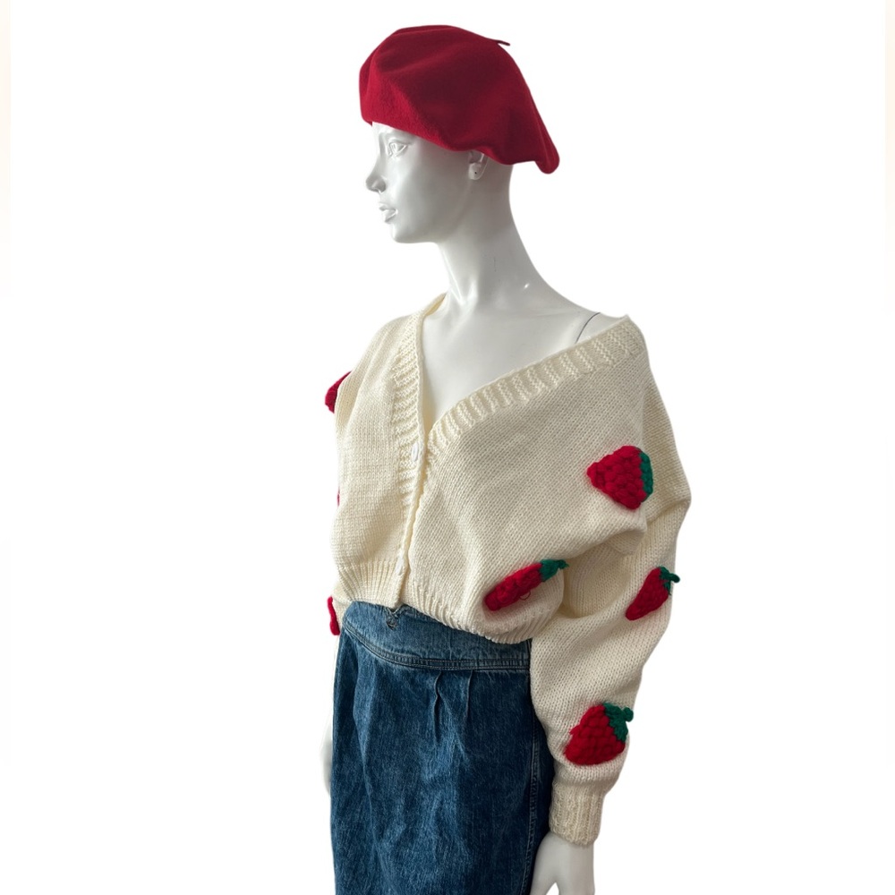 Preppy Strawberry Knit Crop Cardigan